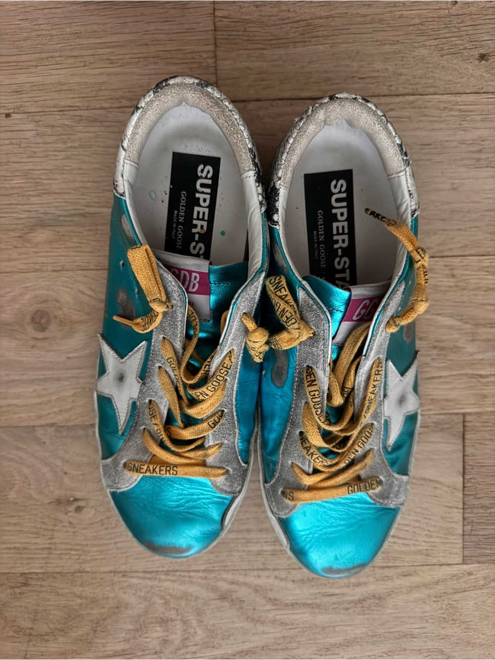 Golden Goose Metallic Turquoise Super-Star Sneakers with Yellow Laces size 39